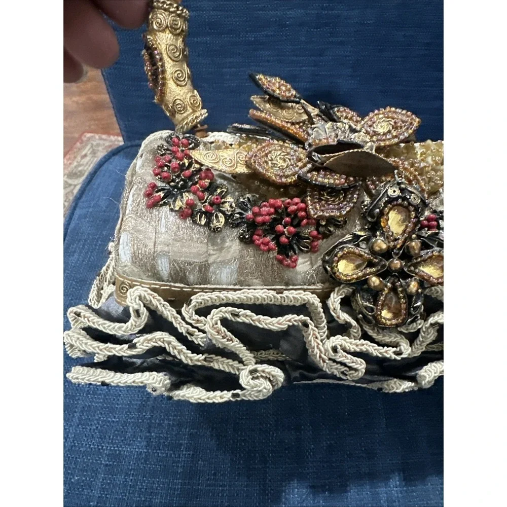 Mary Frances Beaded Handbag Purse, Jewels, Feathers, Floral Brown Hard Case